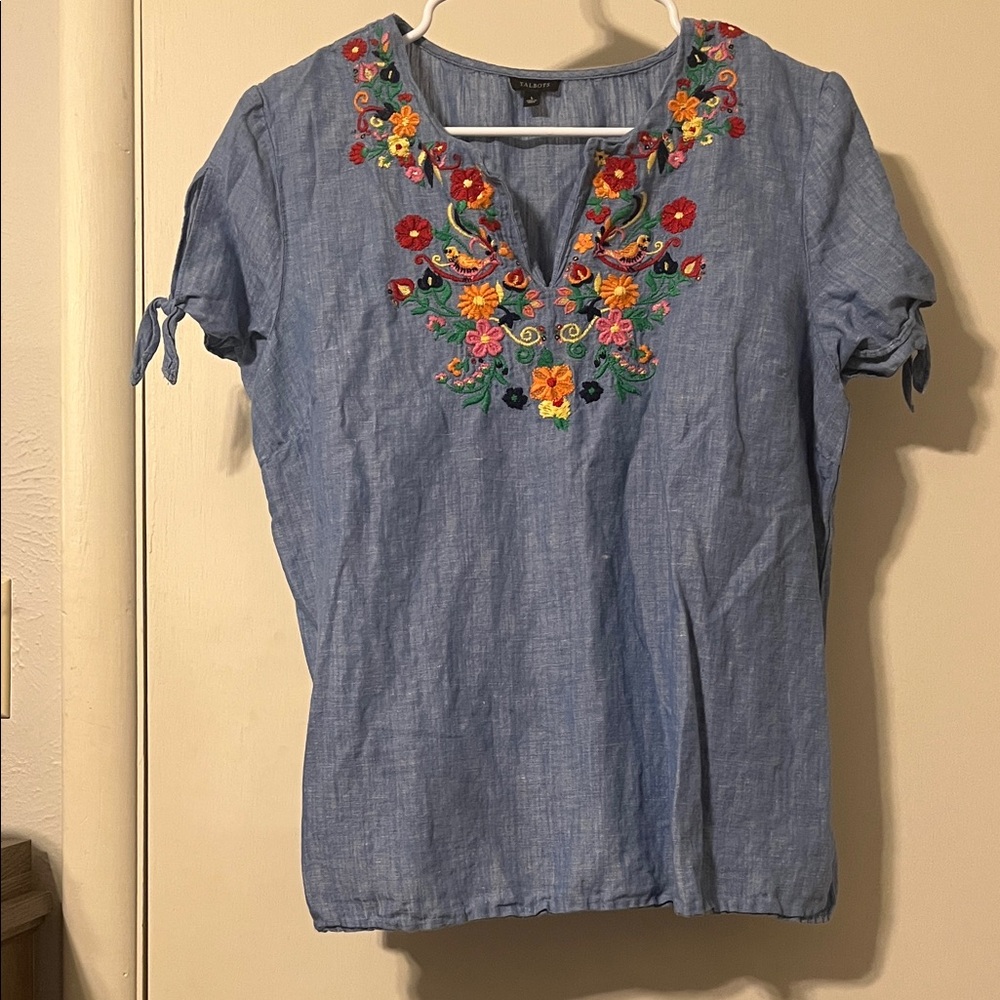 Talbots Blue Blouse with Colorful Embroidery